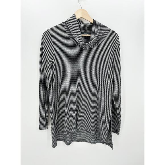 Karen Kane Sweater Womens Large Black Gray Striped Cowl Neck Pullover Side Slit - Picture 1 of 6